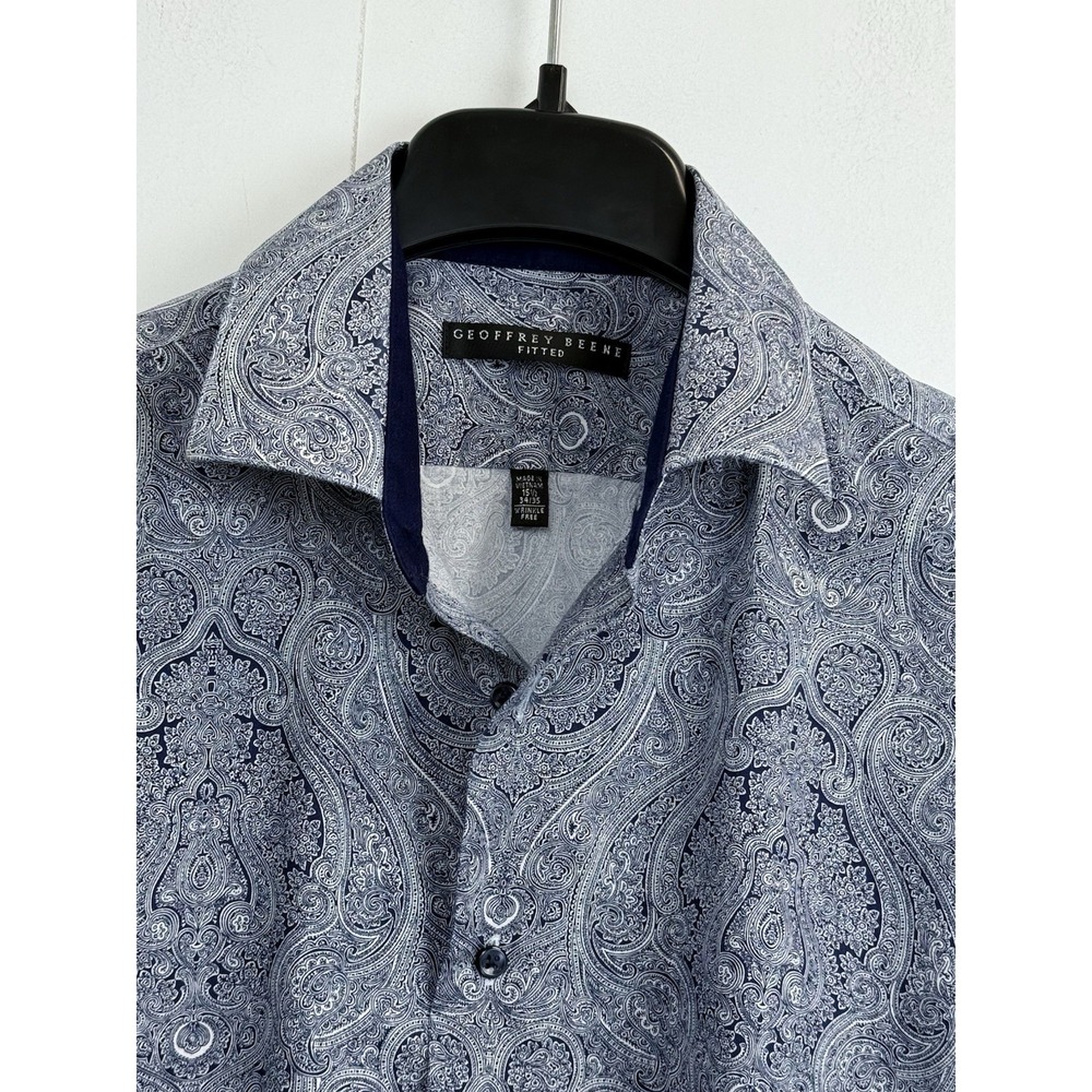 Geoffrey Beene Men's 15.5 Fitted Button Down‎ Shirt Blue Paisley Wrinkle Free